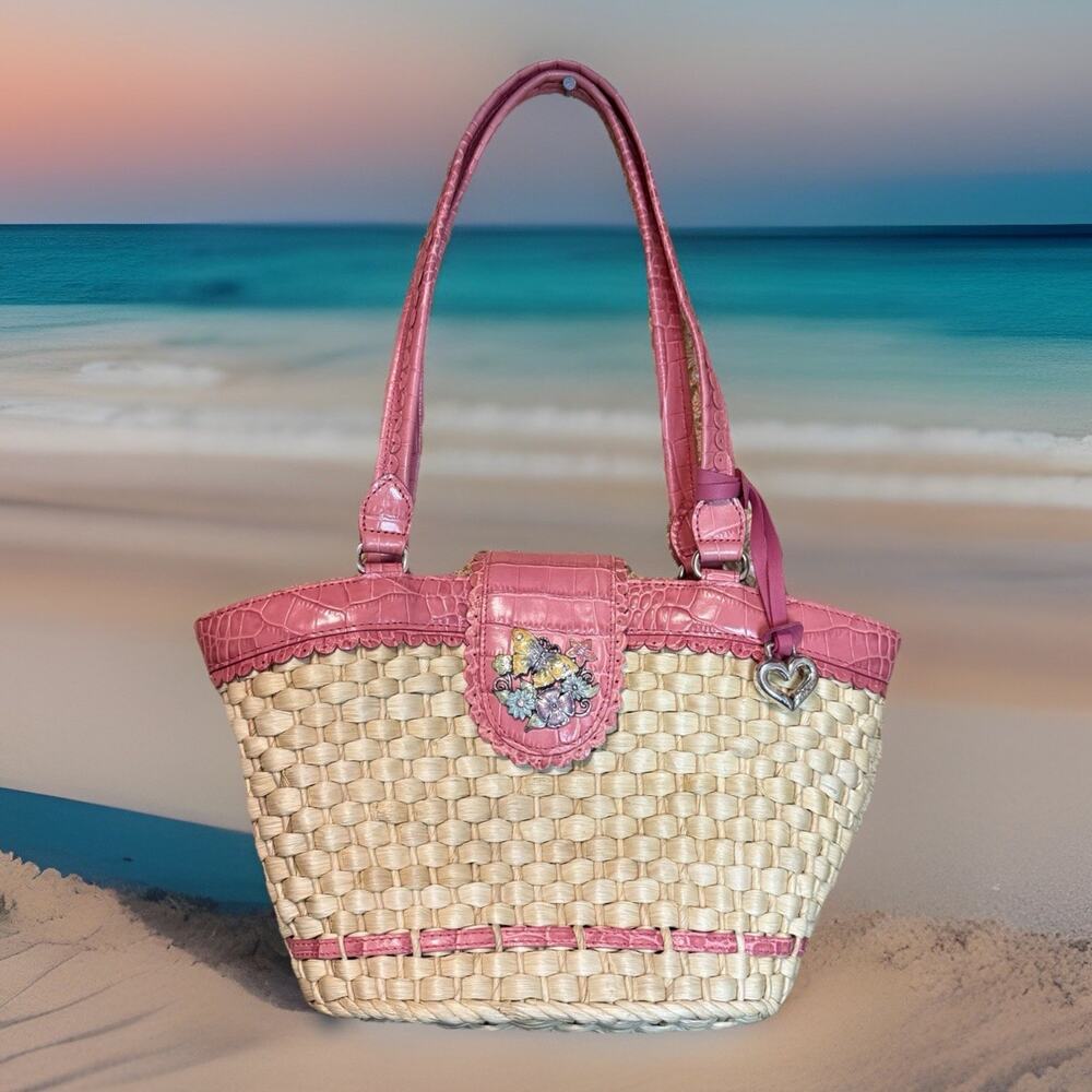 Brighton Straw Woven Pink Leather Tote Butterfly Floral Charm Bag, Vintage Bag